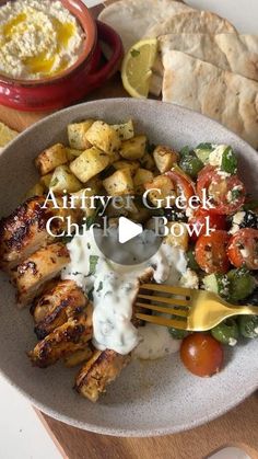 an image of a plate of food with chicken and vegetables on it that says, arrivri's greek chick bowl