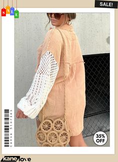 Summer Sale-boho Crochet Sleeve Shacket Linen Shacket, Color Durazno, One Shoulder Dress Long, Night Skirt, Rush Dresses, Dress Party Night, Green Crochet, Dress Bra, Bottoming Shirt