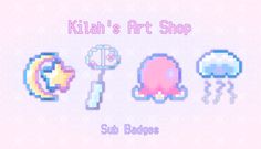 the pixel art shop logo is shown in pink and blue colors, with different items on it