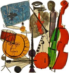 an abstract painting of musical instruments and people