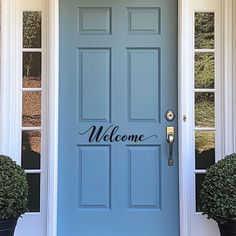 a blue door with the words welcome on it and two potted plants in front