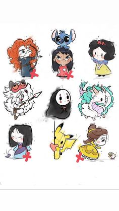 cartoon character stickers with different faces and hair colors, all in various poses on a white background