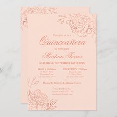 a pink and gold quinceaueria bridal party card on a marble surface