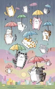 many cats are holding umbrellas in the rain