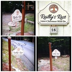 four different signs are shown on the side of a building and in front of a road