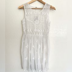 New With Tags Intimately Free People Sheer Tank Embroidered White Dress Southwest Print Size Xs Sheer Summer Cover Up Beach White Embroidered Lace Dress For Summer, Embroidered White Cover-up For Vacation, White Embroidered Lace Mini Dress, White Sleeveless Bohemian Cover-up, Embroidered White Beach Cover-up, White Embroidered Kimono For Beach Cover-up, Embroidered Short Sleeve Beach Cover-up Dress, Southwest Print, Summer Cover Up