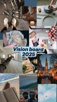 a collage of photos with the words vision board 2055 written in black and white