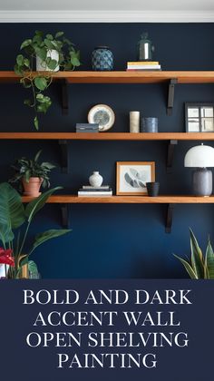 bold and dark accent wall open shelving painting with text overlay that reads bold and dark accent wall open shelving painting