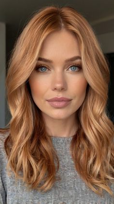 fall hair colors copper blonde Strawberry Blonde Hair On Brown Hair, Strawberry Blond Low Lights, Honey Red Blonde Hair, Copper Hair For Blondes, Very Light Ginger Hair, Blond Copper Balayage, Number 7 Hair Color, Honey Blonde Red Hair, Copper Hair With Blonde Balayage