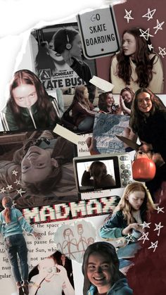 a collage of photos with people and signs in the background, including an image of a woman's face