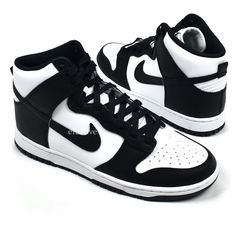 Nike Dunk High Black White, Panda Sneakers, Athletic Models, White Nike Shoes, Black And White Nikes, Black Nike Shoes, Nike Dunk High, Dunk High, Black And White Color