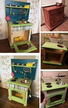 four different pictures of an old fashioned stove and sink in various stages of being painted