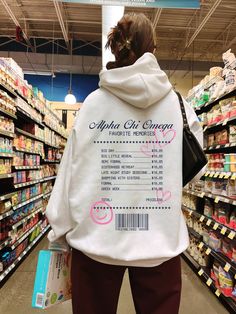 Soft, cute, and trendy, this Alpha Chi Omega hoodie will quickly become your go-to cozy sweatshirt! Use the drop down to specify preference between white, ash, sand, light blue, carolina blue, or light pink. This design features a list of memories for your sorority, including bid day, big little reveal, and more! This sweatshirt also includes sorority established year, with all writing printed with a dark navy blue color featuring pink hearts.  LISTING IS FOR ALPHA CHI OMEGA. Please be sure you are ordering for your correct Sorority.  We print on high quality, soft, & heavyweight materials, sustainably made and printed in the US. ♥ SIZING ♥ Unisex Sizing- For a more feminine, fitted look we recommend getting your size. For a more oversized look, we recommend sizing up. ♥ SHIP TIME ♥ Items Typography Hoodie Design, Hoodie Branding Ideas, Graphic Design For Hoodies, Unique Hoodies Design, White Hoodie Aesthetic, Cool Hoodie Designs, White Hoodie Design, Hoodie Back Design, Hoodie Graphic Design