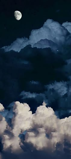 the night sky is full of clouds and a half moon in the distance with dark blue hues