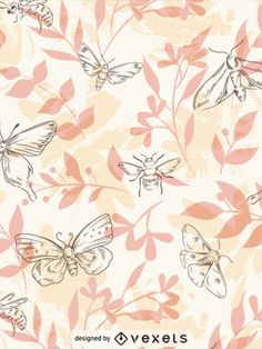 an image of butterflies and flowers on a white background with pink leaves in the foreground