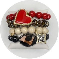 The following Armparty includes: -Red Howlite with Pavé Enamel Heart Pendant -Pavé Antique Hematite Bracelet -Beige Riverstone with Pavé Two Tone Pendant -Black Onyx with Leopard Calf Hair Focal Bead Bead Board, Luxe Jewelry, Hematite Bracelet, Cuff Watch, Arm Party, Bracelet Ideas, Lovely Jewellery, Calf Hair, Focal Bead