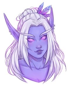 a drawing of a woman with white hair and horns on her head, wearing purple makeup