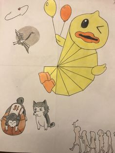 a child's drawing of a yellow fish with balloons and other things in the background