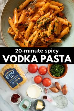 the ingredients to make vodka pasta are shown in this collage with text overlay