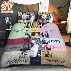 a bed covered in lots of pillows and pictures on it's side, with the words taylor swift