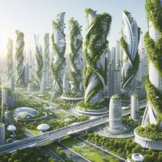 an artist's rendering of a futuristic city with trees growing on the buildings and roads