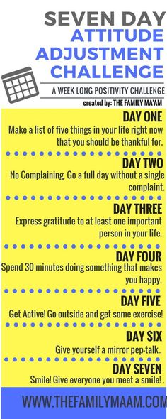 Adjust your outlook and attitude in just seven days! A Week long positivity challenge— The Family Ma'am Positivity Challenge, Attitude Adjustment, Mental Training, Positive Mind, Seven Days, New Energy, Healthy Meals, Me Time, Good Advice