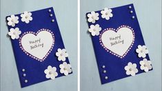 two pictures of a birthday card with flowers and hearts on the front one is blue and the other is white