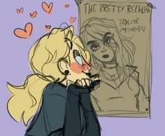 a drawing of a woman looking up at a sign that says the pretty reckless with hearts flying around her