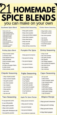 the 21 homemade spice blends you can make on your own poster is shown in black and