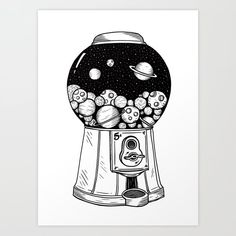 a black and white drawing of an old fashioned gummy machine with planets in it