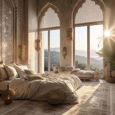 a large bed sitting in the middle of a bedroom next to two windows with sunlight streaming through them