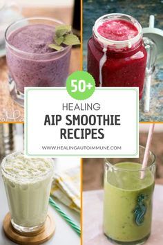 some smoothies and drinks are shown with the words, 50 + healthing app smoothie recipes