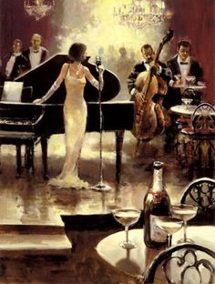 a painting of a woman standing in front of a piano with other people around her