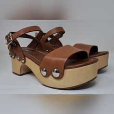 Brown Leather Wooden Platform Sandals Made In Italy Excellent Quality And Design 37.5 Eu / 7.5 Us In Excellent Condition. Light Wear To The Back Heels On The Wood, Minor, Please See Pictures Leather Could Use A Touch Up, Left Shoe Has A Somewhat Deep Dent Scratch On The Left Leather Toe Section, Please See 3rd And 4th Pic, Hard To Notice When Wearing. Touching Up The Leather Might Help Substantially To That Section. Soles Of The Shoes Are In Great Shape And Have Very Minimal Regular Wear, Lots A Wooden Platform Sandals, Prada Shoes, Touch Up, Ankle Strap Sandals, Strap Sandals, Platform Sandals, Women's Shoes Sandals, Ankle Strap, Brown Leather