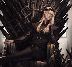 a woman sitting on the iron throne with her hand to her face and eyes closed