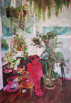 a painting of a woman sitting on a couch next to potted plants in a room