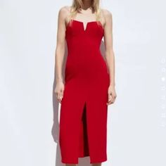 Zara Midi Dress With Pearl Straps Red Size Xl Bnwt Red Linen Midi Dress, Red Midi Length Dress For Night Out, Red Strapless Midi Dress For Night Out, Red Knee-length Midi Dress For Date Night, Red Midi Dress For Date Night, Knee-length, Red Strapless Midi Dress For Spring, Chic Red Knee-length Midi Dress, Chic Red Zara Midi Dress, Chic Red Midi Dress By Zara