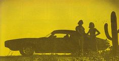 two women standing next to a car in front of a cacti and cactus