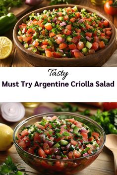 A vibrant bowl of Must Try Argentine Criolla Salad with diced tomatoes, red onions, cucumbers, and fresh parsley in a wooden bowl, accompanied by a lemon on the side. Argentina Salad, Argentinian Salad, Brazilian Salad, Argentinian Cuisine, Summer Salad Recipes, Red Onions, Seasonal Ingredients, Heirloom Tomatoes, Fresh Salads