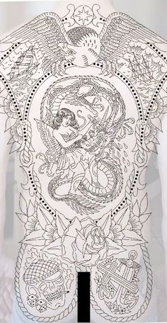 the back of a man's shirt with an intricate design on it