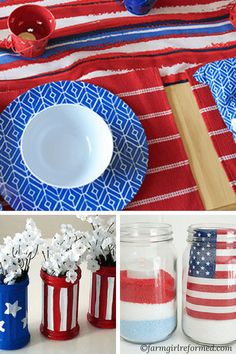 red, white and blue patriotic decorations are featured in this collage