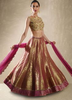 Wisteria Benarsi Brocade Lehenga Set Renee - Fabilicious Fashion Mirror Belt, Brocade Lehenga, Net Blouse, Net Skirt, Mirror Work Blouse, Organza Lehenga, Scallop Border, Net Blouses, Embellished Belt