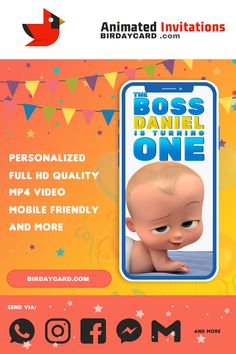 Digital kids Birthday Invitation Video Boss Baby Invitation, Birthday Video Invitation, Pig Girl, Invite Card, Animated Invitations, Birthday Video, Minnie Mouse Pink, Video Invitation, Baby Invitations