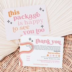 two business cards sitting on top of a wicker basket next to each other with the words package is happy to see you too