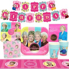 the golden girls birthday party supplies including plates, cups and napkins are on display