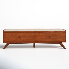 a wooden bench with two drawers on it's sides and one drawer in the middle