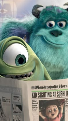 monsters reading the news in front of an advertisement