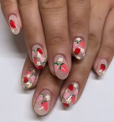 Britt Rosewater 🌹💦💫 on Instagram: "Strawberries for @natalieapatton 🍓 og artist @rachel.messick 🍰 . . . #nailnova #nailart #nailartist #nailtech #nailpro #gelnails #gelnailart #luminarymani #luminarynailsystems #vacavillenails #naturalnails #strawberrynails #fruitnails #summernails #cutenails" Luminary Gel Nails, Summernails Summer Nail Ideas 2024, Luminary Nails Design, Picnic Nails, Luminary Nails, Strawberry Nails, Fruit Nails, Romantic Nails, Vintage Nails