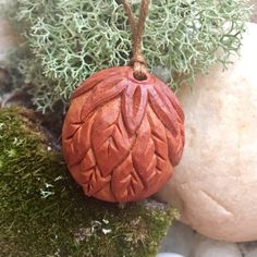 a red ornament sitting on top of a moss covered rock next to a plant