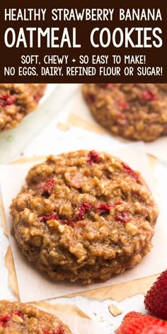 healthy strawberry banana oatmeal cookies with text overlay